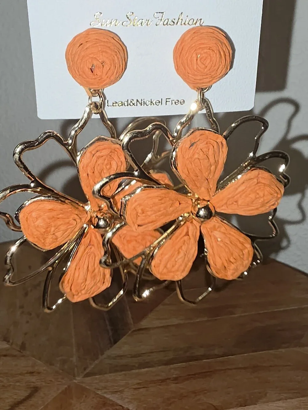 Floral Rafia With Gold-Tone Metal Accents, Drop Earrings, Orange, NWT